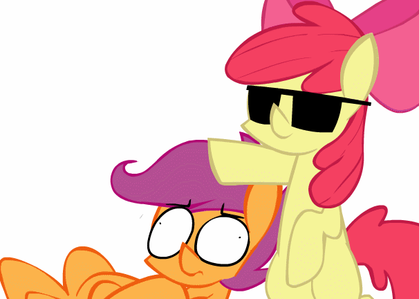 Size: 606x432 | Tagged: safe, artist:gmrqor, character:apple bloom, character:scootaloo, species:pegasus, species:pony, animated, derp, female, shaking, shrunken pupils, sunglasses, vine video, when mama isn't home