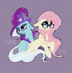 Size: 486x494 | Tagged: safe, artist:aureai, character:fluttershy, character:trixie, species:pony, species:unicorn, duo, female, glasses, mare, simple background