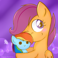 Size: 2000x2000 | Tagged: safe, artist:darkynez, character:rainbow dash, character:scootaloo, species:pegasus, species:pony, blushing, bubble, button eyes, cute, cutealoo, female, hug, one eye closed, plushie, smiling, solo
