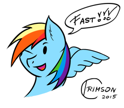 Size: 1000x872 | Tagged: safe, artist:crimson, character:rainbow dash, bust, color, dialogue, digital art, fast, female, one eye closed, signature, simple background, solo, transparent background, wings, wink