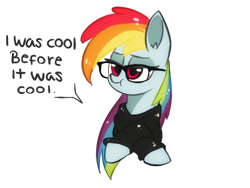 Size: 500x376 | Tagged: safe, artist:aureai, character:rainbow dash, :t, bust, cute, dialogue, glasses, hipster, lidded eyes, simple background, transparent background