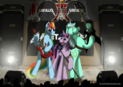 Size: 1920x1358 | Tagged: safe, artist:bcrich40, character:lyra heartstrings, character:rainbow dash, character:twilight sparkle, guitar, metallica, microphone, show