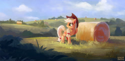 Size: 2462x1200 | Tagged: safe, artist:ajvl, character:applejack, species:earth pony, species:pony, clothing, cloud, cloudy, female, field, hat, hay, hay bale, mare, scenery, solo