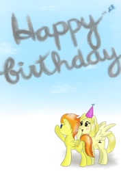 Size: 751x1063 | Tagged: safe, artist:cwossie, character:fleetfoot, character:soarin', character:spitfire, anneli heed, birthday, birthday card, clothing, hat, party hat, skywriting, wonderbolts