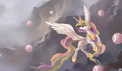 Size: 3910x2300 | Tagged: safe, artist:ajvl, character:princess celestia, species:alicorn, species:pony, g4, clothing, cloud, cloudy, crown, element of generosity, element of honesty, element of kindness, element of laughter, element of loyalty, element of magic, elements of harmony, female, flying, hoof shoes, jewelry, mare, necklace, peytral, profile, regalia, shoes, solo, sphere, spread wings, wings