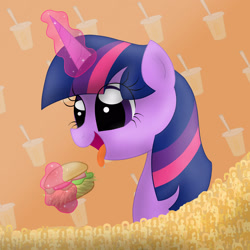 Size: 2048x2048 | Tagged: safe, artist:bratzoid, character:twilight sparkle, female, hay burger, magic, open mouth, portrait, solo, that pony sure does love burgers, tongue out, twilight burgkle