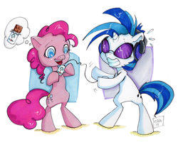Size: 900x720 | Tagged: safe, artist:ellisarts, character:dj pon-3, character:pinkie pie, character:vinyl scratch, species:pony, bipedal, candy, headphones, mp3 player, thought bubble