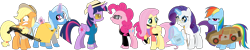 Size: 15020x3000 | Tagged: safe, artist:ruinedomega, character:applejack, character:fluttershy, character:pinkie pie, character:rainbow dash, character:rarity, character:trixie, character:twilight sparkle, character:twilight sparkle (alicorn), species:alicorn, species:pony, ponyscape, female, gun, jurassic park, mane six, mare, shotgun, spas-12, vector, weapon