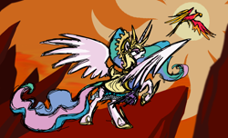 Size: 1024x622 | Tagged: safe, artist:hexfloog, character:philomena, character:princess celestia, armor, helmet, rearing, sketchy, spread wings, wings