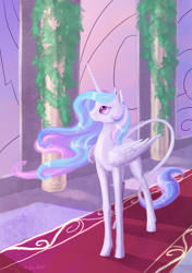 Size: 3500x4960 | Tagged: safe, artist:dalagar, character:princess celestia, species:alicorn, species:pony, absurd resolution, female, glass, hallway, leonine tail, mare, painting, solo