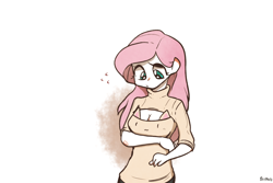 Size: 1280x853 | Tagged: safe, artist:gmrqor, character:fluttershy, species:human, breasts, cleavage, clothing, female, humanized, keyhole turtleneck, open-chest sweater, solo, sweater, sweatershy, turtleneck