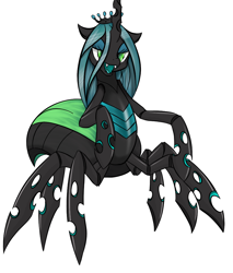 Size: 872x1024 | Tagged: safe, artist:tebasaki, edit, character:queen chrysalis, species:changeling, changeling queen, color edit, colored, crown, drider, female, jewelry, lidded eyes, monster pony, open mouth, original species, regalia, simple background, solo, species swap, spider, spiderling, spiderpony, white background