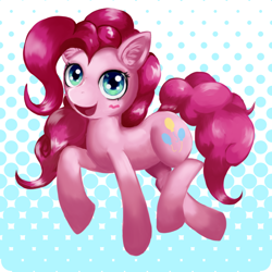 Size: 720x720 | Tagged: safe, artist:kunshomo, character:pinkie pie, cute, diapinkes, ear fluff, female, open mouth, pixiv, smiling pinkie pie tolts left, solo