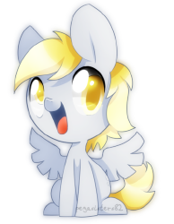 Size: 400x515 | Tagged: safe, artist:pegasisters82, character:derpy hooves, species:pegasus, species:pony, g4, chibi, colored pupils, cute, derpabetes, female, looking at you, mare, open mouth, open smile, signature, simple background, sitting, smiling, solo, spread wings, wings