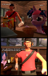 Size: 1280x2048 | Tagged: safe, artist:gergta, character:twilight sparkle, 3d, alternate hairstyle, best friends forever, comic, crossover, gmod, grand theft auto, gta san andreas, mad milk, noob, scout, team fortress 2
