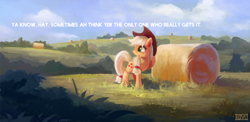 Size: 2462x1200 | Tagged: safe, artist:ajvl, edit, character:applejack, cloud, cloudy, female, field, hay, hay bale, scenery, solo, text