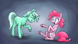 Size: 1072x616 | Tagged: safe, artist:paper-pony, character:lyra heartstrings, character:pinkie pie, species:earth pony, species:pony, species:unicorn, duo, eyes closed, gradient background, grin, smiling