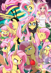 Size: 1600x2260 | Tagged: safe, artist:caibaoreturn, character:flutterbat, character:fluttershy, character:saddle rager, species:breezies, species:human, species:pegasus, species:pony, my little pony:equestria girls, animal costume, bee costume, bow tie, breeziefied, bunny ears, clothing, costume, dangerous mission outfit, discorded, dress, equestria girls outfit, eyes closed, female, filly, flutterbee, flutterbitch, flutterbreez, flutterrage, gala dress, goggles, hoodie, human ponidox, humanized, mare, modelshy, multeity, open mouth, pixiv, ponidox, ponytones outfit, rainbow power, self ponidox, smiling, so much flutter, species swap, tank top