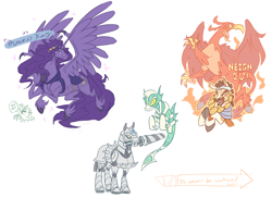 Size: 3300x2396 | Tagged: safe, artist:modern-warmare, species:alicorn, species:griffon, species:pony, species:sea pony, species:zebra, armor, flying, griffonized, grin, hierophant green, jojo's bizarre adventure, joseph joestar, kars, magician's red, mohammed avdol, mouth hold, open mouth, ponified, quagga, robot, silver chariot, smirk, species swap, spread wings, ultimate life form, unshorn fetlocks, wings