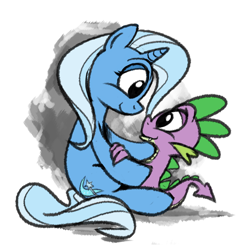 Size: 1066x1045 | Tagged: safe, artist:epulson, character:spike, character:trixie, species:dragon, species:pony, species:unicorn, ship:spixie, cropped, female, looking at each other, male, mare, shipping, sitting, smiling, straight