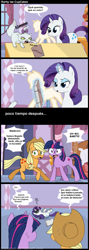 Size: 765x2145 | Tagged: safe, artist:frank1605, artist:musapan, character:applejack, character:opalescence, character:rarity, character:twilight sparkle, species:earth pony, species:pony, species:unicorn, book, comic, dialogue, female, lidded eyes, magic, mare, nervous, open mouth, scared, spanish, speech bubble, telekinesis, translated in the comments, translation