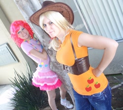 Size: 838x750 | Tagged: source needed, safe, artist:calicopikachu, artist:fluffikitten, artist:tenacious-muse, character:applejack, character:pinkie pie, species:human, g4, clothing, converse, cosplay, female, hat, irl, irl human, photo