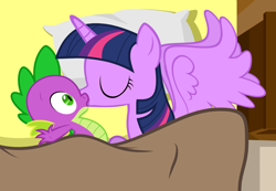 Size: 1500x1038 | Tagged: safe, artist:craz3gam3r, artist:sulyo, character:spike, character:twilight sparkle, character:twilight sparkle (alicorn), species:alicorn, species:pony, ship:twispike, bed, cute, eyes closed, female, hundreds of users filter this tag, kissing, male, mare, shipping, straight, wingboner