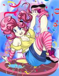 Size: 855x1093 | Tagged: safe, artist:fourze-pony, character:pinkie pie, species:human, cleavage, clothing, confetti, curvy, cute, female, humanized, smiling, socks, solo, striped socks