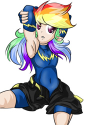 Size: 480x640 | Tagged: safe, artist:fourze-pony, character:rainbow dash, species:human, :o, anime eyes, armpits, belly button, bodysuit, breasts, clothing, cute, delicious flat chest, evening gloves, female, fingerless gloves, gloves, humanized, jumpsuit, looking at you, open mouth, rainbow flat, shorts, simple background, sitting, stretching, white background, wip