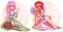 Size: 1647x837 | Tagged: safe, artist:ponymonster, character:fluttershy, character:rainbow dash, species:human, abstract background, breasts, busty fluttershy, choker, cleavage, clothing, dress, duo, duo female, female, gala dress, high heels, humanized, shoulderless, sitting, stockings, winged humanization, wings