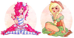 Size: 2203x1137 | Tagged: safe, artist:ponymonster, character:applejack, character:pinkie pie, species:human, abstract background, blushing, breasts, busty applejack, busty pinkie pie, clothing, dress, female, gala dress, humanized, shoulderless, sitting, smiling