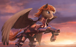Size: 1600x989 | Tagged: safe, artist:cannibalus, oc, oc only, oc:sacred heart, species:pegasus, species:pony, armor, detailed, scenery, solo, sunset