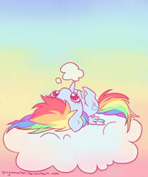 Size: 546x654 | Tagged: safe, artist:ponymonster, character:rainbow dash, species:pegasus, species:pony, chibi, cloud, cutie mark, female, gradient background, hooves, lying on a cloud, mare, on a cloud, on back, poking, solo, wings