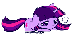 Size: 897x468 | Tagged: safe, artist:ponymonster, character:twilight sparkle, character:twilight sparkle (unicorn), species:pony, species:unicorn, bored, chibi, cute, female, floppy ears, frown, mare, prone, sigh, simple background, solo, twiabetes, white background