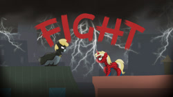 Size: 1024x576 | Tagged: safe, artist:bratzoid, character:chirpy hooves, character:dinky hooves, batman, chirpy hooves, crossover, death battle, exploitable meme, fight, lightning, meme, sibling rivalry, spider-man