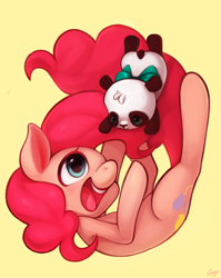 Size: 1024x1287 | Tagged: safe, artist:ciciya, character:pinkie pie, species:earth pony, species:pony, bow, cute, diapinkes, duo, female, happy, mare, open mouth, panda, simple background, solo, yellow background