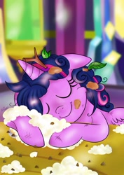 Size: 752x1063 | Tagged: safe, artist:cwossie, character:twilight sparkle, character:twilight sparkle (alicorn), species:alicorn, species:pony, episode:castle sweet castle, g4, my little pony: friendship is magic, cheek fluff, chocolate chips, cute, female, food, i'm pancake, leaves, mare, messy mane, mud, pancakes, scene interpretation, scratches, sleeping, solo, twig, whipped cream