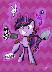 Size: 1586x2176 | Tagged: safe, artist:therandomjoyrider, character:angel bunny, character:twilight sparkle, character:twilight sparkle (alicorn), species:alicorn, species:pony, episode:castle sweet castle, g4, my little pony: friendship is magic, chalkboard, checkered flag, female, flag, food, gem, mare, messy mane, mud, pancakes, procrastination, shovel, whipped cream