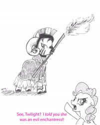 Size: 1536x1912 | Tagged: safe, artist:catscratchpaper, character:pinkie pie, character:zecora, species:zebra, crossover, monty python, monty python and the holy grail, tim the enchanter