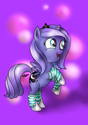 Size: 2480x3507 | Tagged: safe, artist:cwossie, character:princess luna, clothing, ear fluff, female, filly, rearing, smiling, socks, solo, striped socks, woona