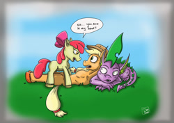 Size: 1024x724 | Tagged: safe, artist:dinodraketakethecake, character:apple bloom, character:applejack, character:spike, ship:applespike, ship:spikebloom, armpits, dialogue, female, jealous, male, older, shipping, straight