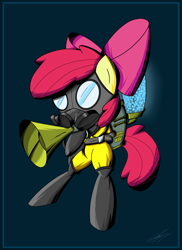 Size: 1606x2202 | Tagged: safe, artist:therandomjoyrider, character:apple bloom, episode:bloom and gloom, g4, my little pony: friendship is magic, female, gas mask, pest control gear, solo, twitbuster apple bloom