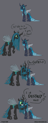 Size: 842x2153 | Tagged: safe, artist:chirpy-chi, character:queen chrysalis, oc, oc:queen chalybeous, species:changeling, blue changeling, changeling oc, changeling queen, changeling queen oc, comic, female