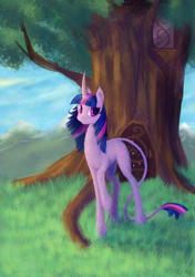 Size: 3500x4960 | Tagged: safe, artist:dalagar, character:twilight sparkle, species:classical unicorn, species:pony, species:unicorn, female, grass, leonine tail, mare, painting, solo, tree