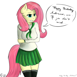 Size: 1500x1500 | Tagged: safe, artist:crimson, character:fluttershy, species:anthro, clothing, female, school uniform, solo