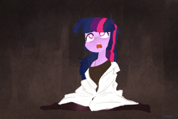 Size: 1280x853 | Tagged: safe, artist:gmrqor, character:twilight sparkle, character:twilight sparkle (scitwi), species:eqg human, my little pony:equestria girls, clothing, female, flustered, lab coat, looking up, messy hair, off shoulder, off shoulder sweater, open mouth, simple background, solo, sweater