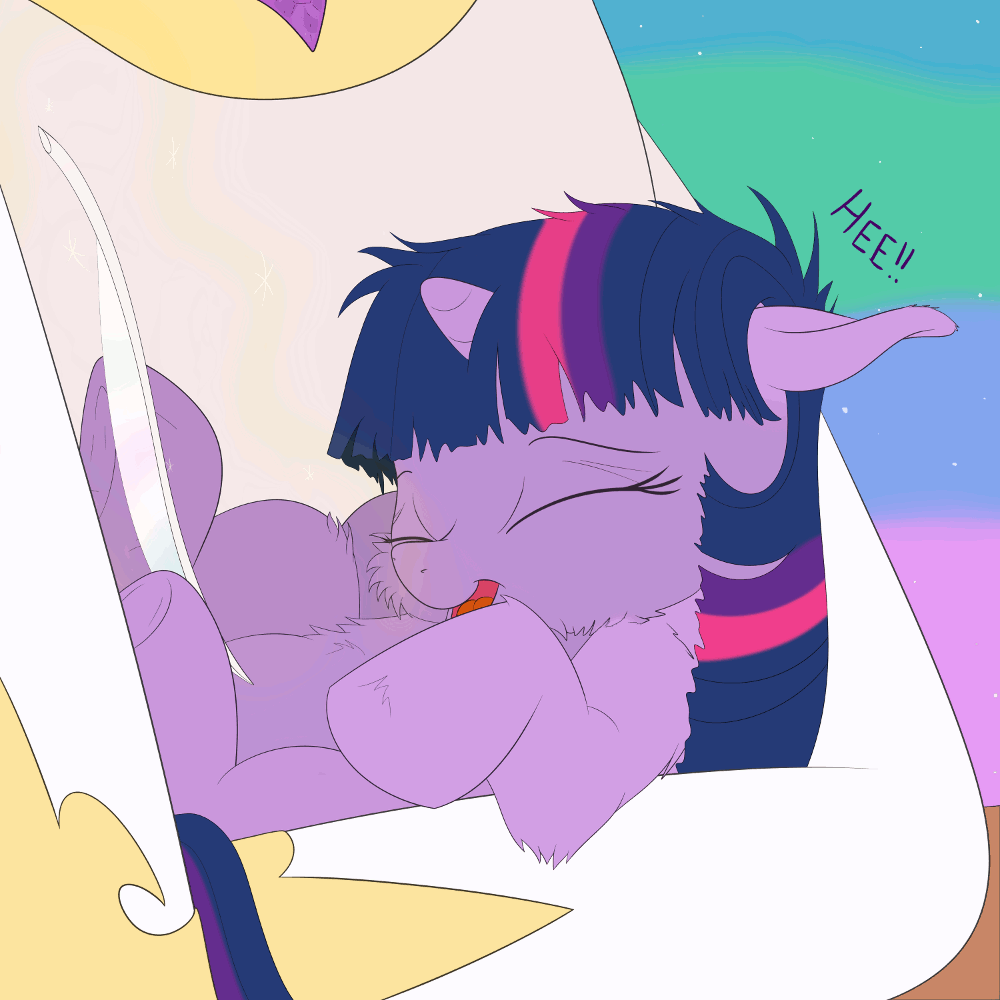 Size: 1000x1000 | Tagged: safe, artist:bri-sta, artist:wodahseht, character:princess celestia, character:twilight sparkle, species:alicorn, species:pony, species:unicorn, g4, animated, cute, eyes closed, feather, female, filly, floppy ears, fluffy, magic, mare, momlestia, on back, smiling, telekinesis, tickling, twiabetes, twitch, weapons-grade cute, young, younger
