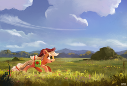 Size: 1920x1305 | Tagged: safe, artist:ajvl, character:applejack, species:earth pony, species:pony, bag, female, field, mare, running, saddle bag, scenery, smiling, solo