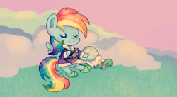 Size: 1024x560 | Tagged: safe, artist:chiuuchiuu, character:rainbow dash, character:tank, episode:tanks for the memories, g4, my little pony: friendship is magic, bathrobe, book, chibi, clothing, dashie slippers, reading, robe, sleeping, tank slippers