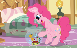 Size: 1024x645 | Tagged: safe, artist:cyanyeh, artist:midnightblitzz, character:pinkie pie, bed, cute, female, goldfish, pet, solo, vector